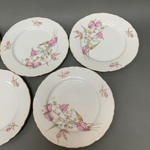Bohemian Czechoslovakia Salad Plates Floral White Pink Gold Trim Lot of 7 - Picture 4 of 11